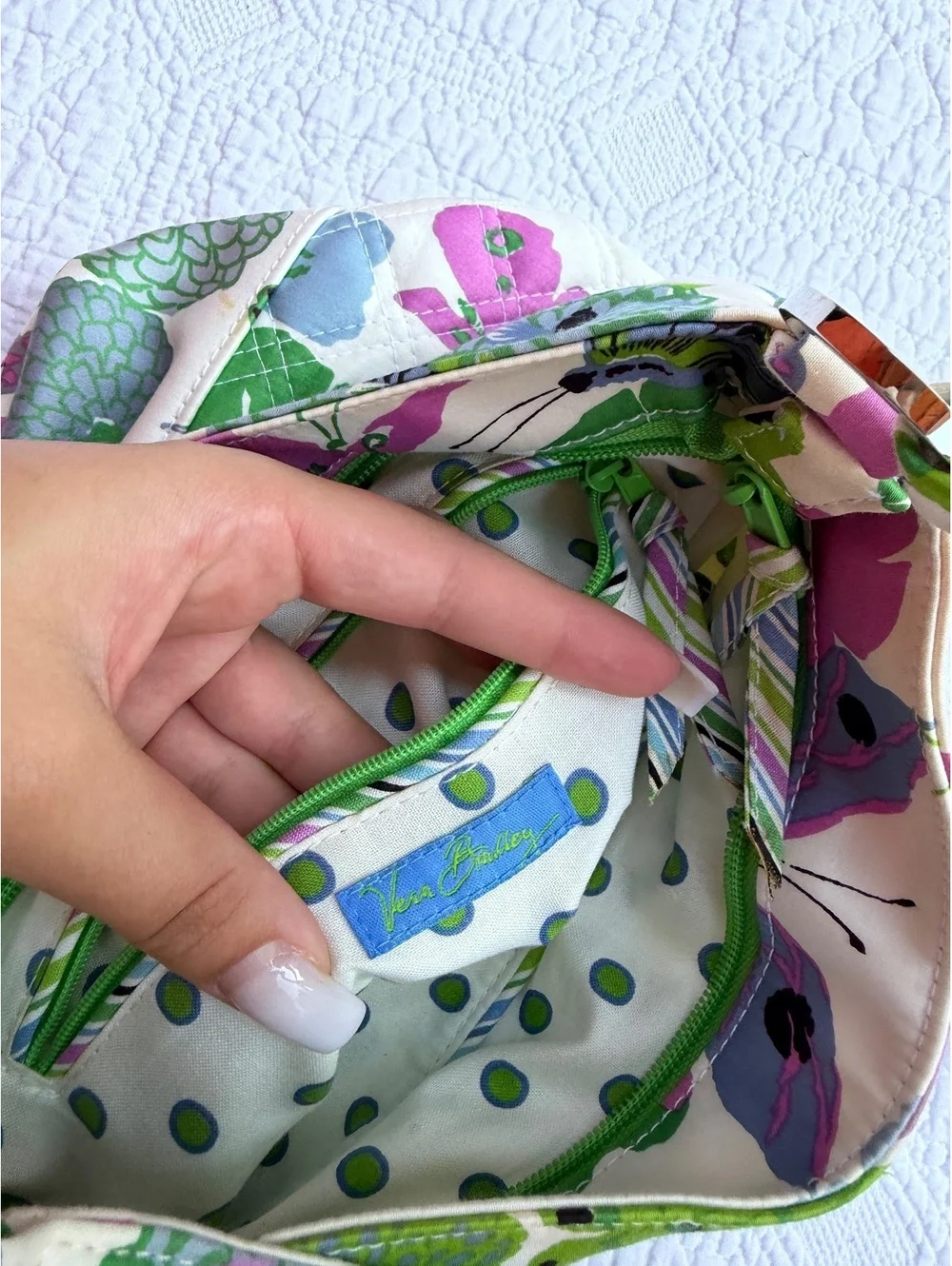 Vera Bradley Quilted Floral and Butterfly Print Shoulder Bag with Green Zipper